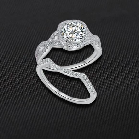 1.5 CT Round Twisted Ring Moissanite Halo Wedding Set Sterling Silver 9 NWT - Picture 2 of 12
